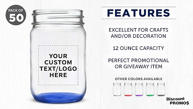 DISCOUNT PROMOS Custom Decorating Mason Jars 12 oz. Set of 50, Personalized Bulk Pack - Glass Jars for Overnight Oats, Candies, Fruits, Pickles, Spices, Beverages - Blue