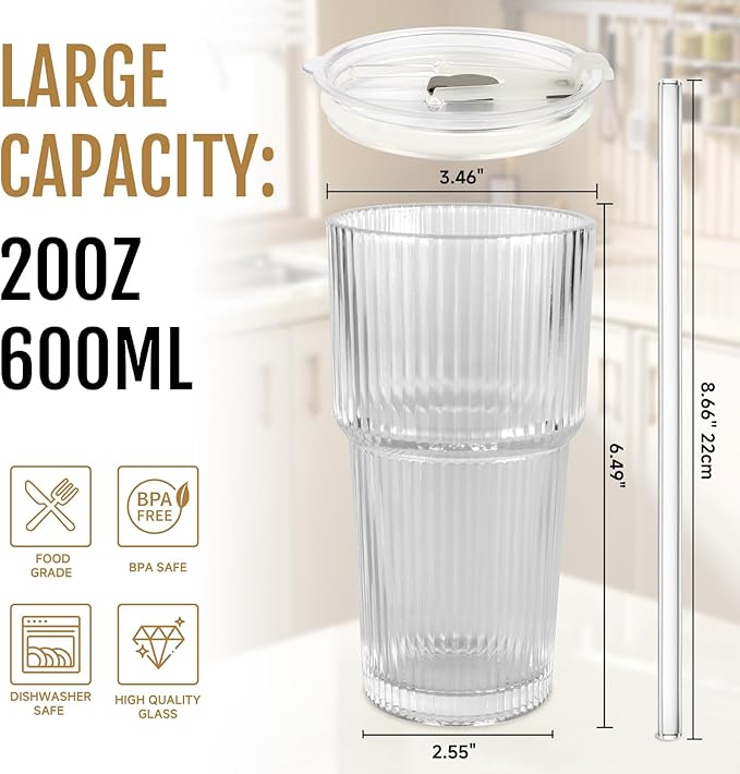 20oz Glass Cups with Lids and Straws, 4 Pack Vintage Ribbed Glass Tumblers for Iced Coffee, Smoothies, Thickened Wall Mason Jar Drinking Iced Coffee Cup
