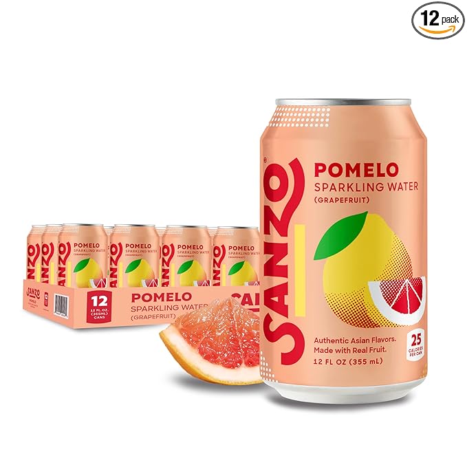 Sanzo Flavored Sparkling Water - Pomelo Grapefruit Soda - Low Calorie Low Sugar Soda - Craft Asian Drinks - Vegan Gluten Free Carbonated Flavored Water - Fizzy Bubbly Healthy Drinks - 12oz, 12 Pack