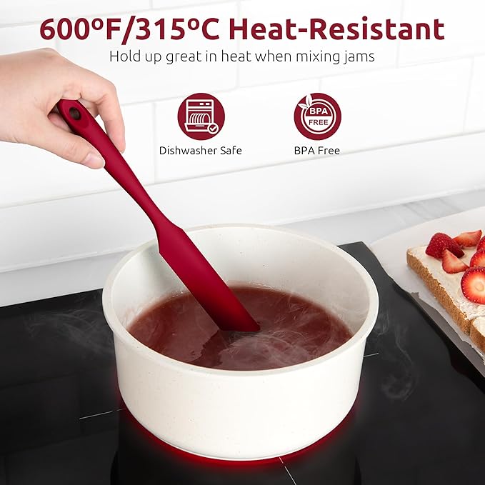 U-Taste Skinny Silicone Jar Spatula: 600ºF Heat-Resistant Food-Grade 10in Long Narrow Sourdough Stirring Stick, Seamless Flexible Peanut Butter Spreader for Scraping Icing Bread Cream, Jam (Red)