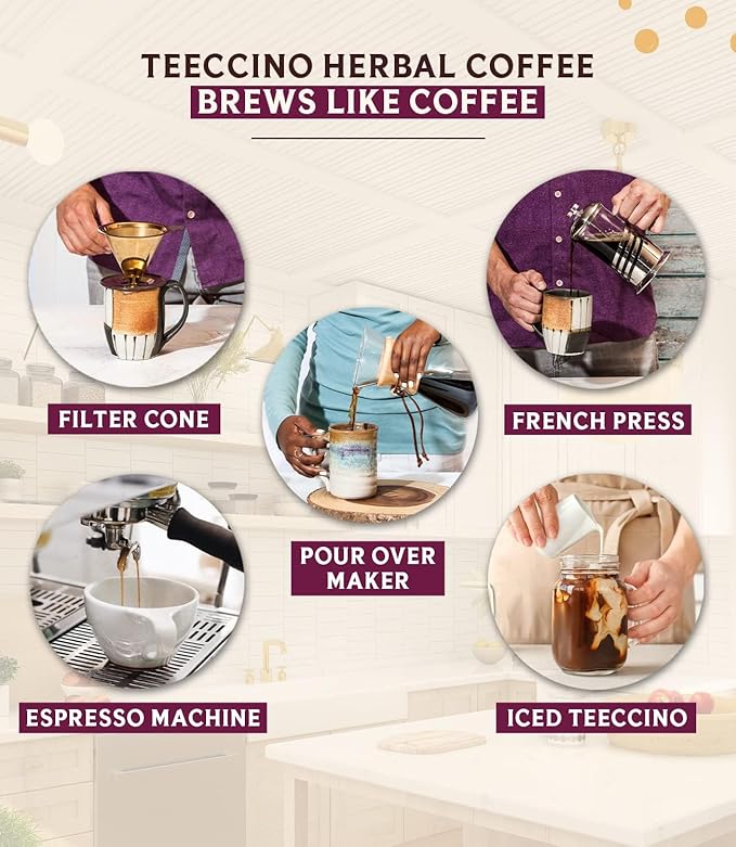 Teeccino Mocha Chicory Coffee Alternative - Ground Herbal Coffee That’s Prebiotic, Caffeine-Free & Acid Free, Medium Roast, 11 Ounce (Pack of 6)