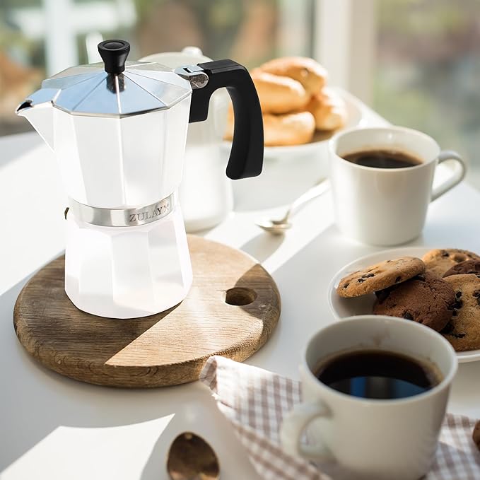 Zulay Moka Pot Espresso Stovetop Coffee Maker - Leak-Proof, Stainless Steel, Easy to Clean, Heat Resistant Handle & Knob - for Authentic Cuban & Italian Style Espresso - Makes 12 Espresso Cups - White