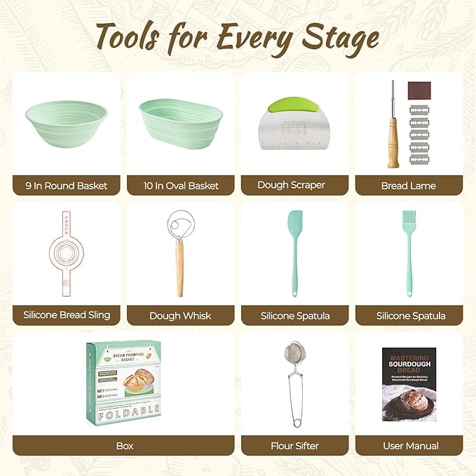 Silicone Sourdough Breads Baking Supplies, Sourdough Starter Kit, Banneton Bread Proofing Basket Set with 9" Round & 10" val, Artisan Bread Baking Tools, Silicone Bread Sling