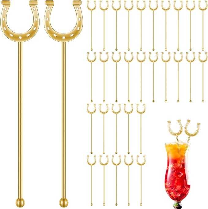 6 Inch Derby Drink Plastic Stirrers Swizzle Sticks for Cocktails Coffee Reusable U Shaped Horseshoe Drink Stirrers for Coffee Beverage Party Bar Weddings Events(Gold,60 Pcs)