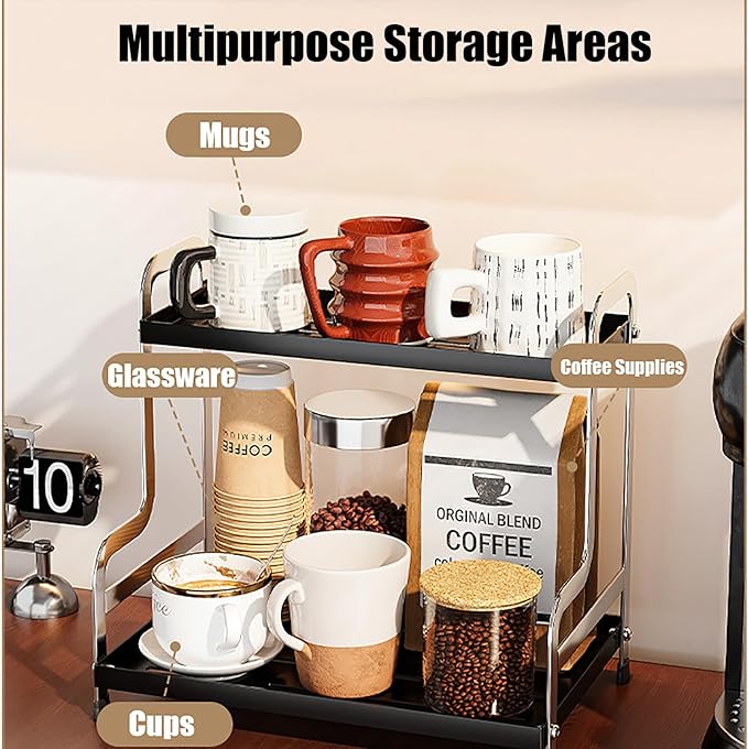 KISKIS Coffee Mug Cup Holder Space Saving 2-Tier Sturdy Stable Metal Storage Shelf, Prevent Falling Scratch Resistant Kitchen Rack Office Bathroom Desktop Organizer,Black