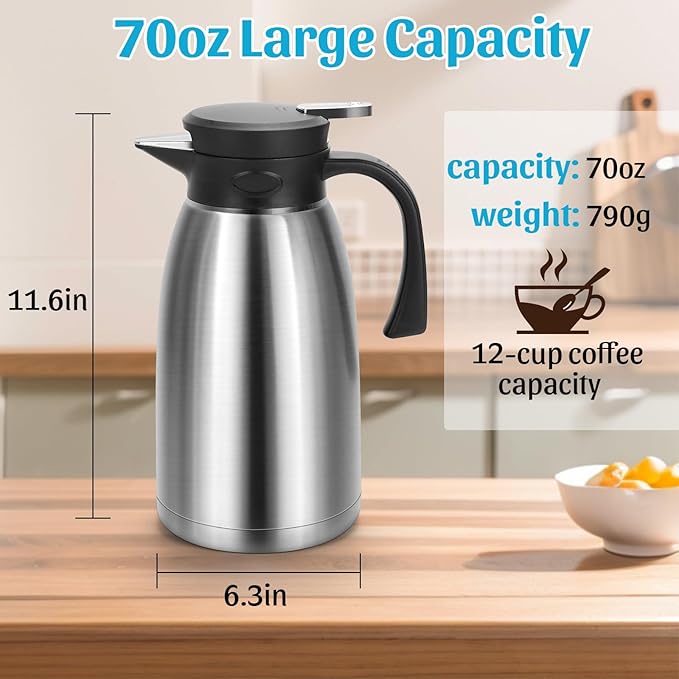 70oz Thermal Coffee Carafe, Double Wall Vacuum Thermos for Hot Drinks, Stainless Steel Carafe for Hot Liquids Large Tea Thermos for Home School Office for Valentine's Day (Classic Silver)