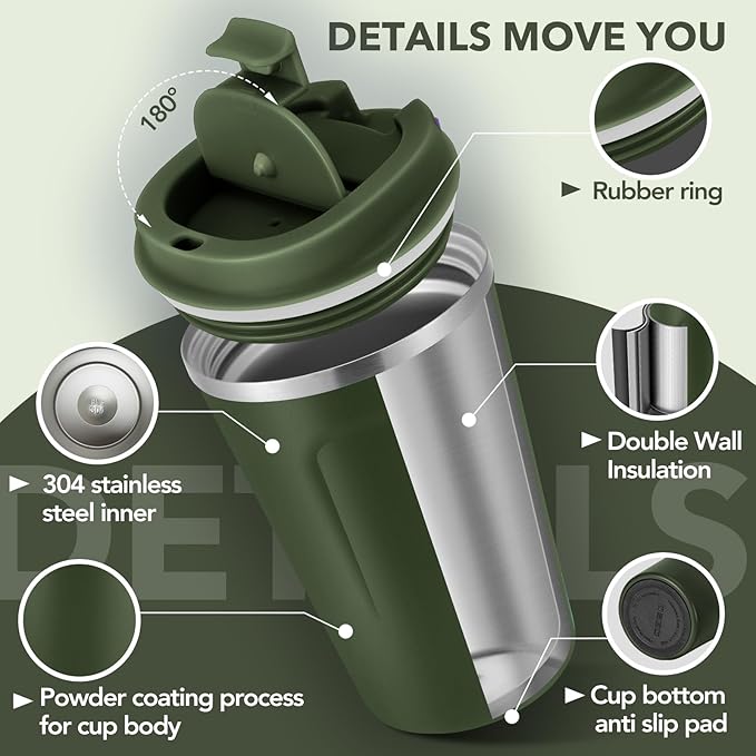 Volhoply 12 oz Double Wall Insulated Vacuum Travel Coffee Mug with Flip Lid Bulk 4 Pack,Reusable Stainless Steel Leak Proof Coffee Cups,Portable Thermal Tumbler for Hot & Cold Drinks(Army Green,4 Set)