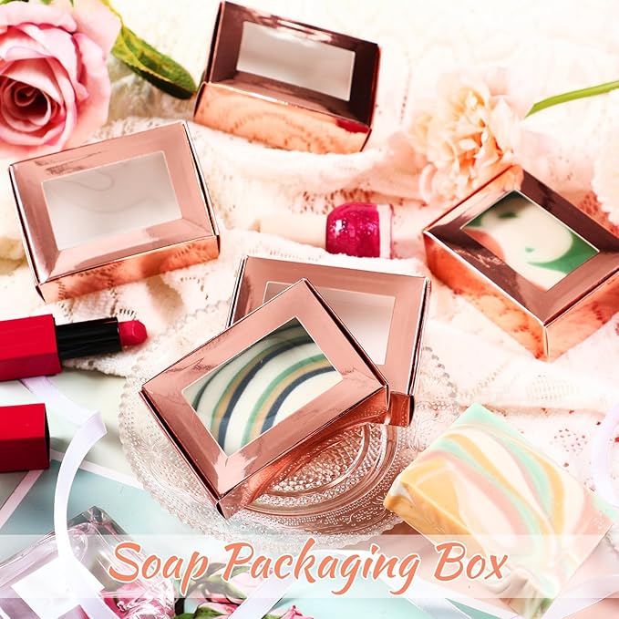 Zonon 30 Pcs Soap Boxes for Homemade Packaging, Mini Kraft Treat Boxes with Window for Bakery Candy Soap Making Gift Packaging(3.5 x 2.4 x 1.2 Inch,Rose Gold)