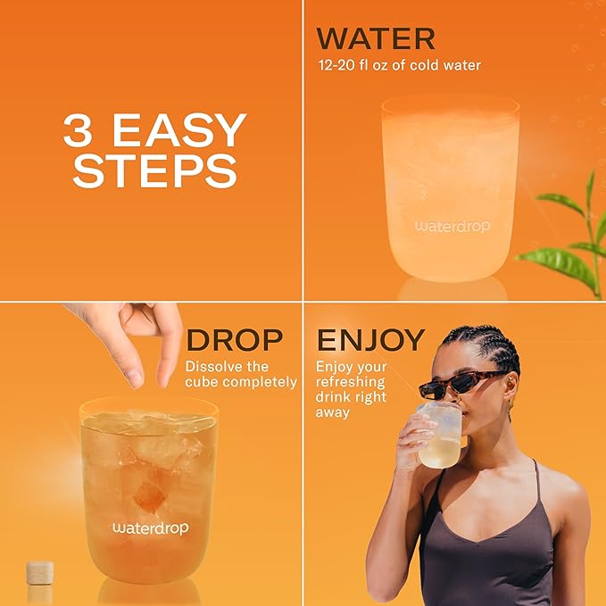 Waterdrop Hydration Cubes with Vitamin C, B Vitamins, and Electrolytes, Iced Tea Peach Flavor, Flavored Water Enhancer Cubes for Still & Sparkling Water, Low Calorie, Sugar Free, Gluten Free, 24 Count