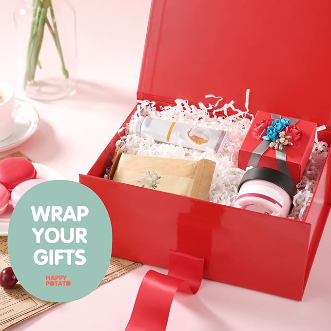 HAPPY POTATO 5 Christmas Gift Boxes with Lids and Ribbon 9x6.5x3.8 Inches, Bridesmaid Proposal Boxes, Red Gift Boxes for Presents (Glossy Red, Pack of 5)