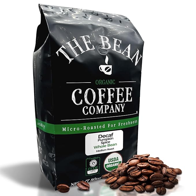 The Bean Organic Coffee Company Water Processed DECAF Pumpkin Spice, Medium Roast, Whole Bean Coffee, 5-Pound Bag