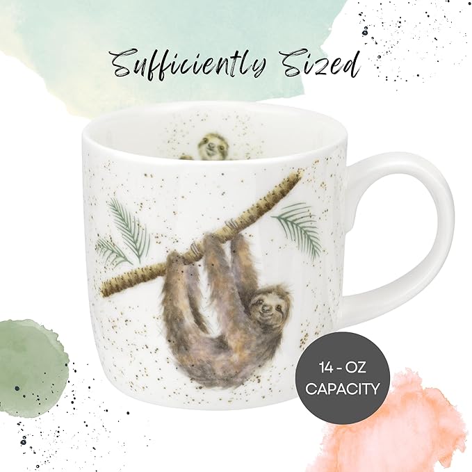 Royal Worcester Wrendale Designs Farmhouse Style Mug, Hanging Around - 14 oz Fine Bone China Mug with Sloth Illustration for Cozy Kitchen Vibes - Floral Drinkware for Daily Comfort