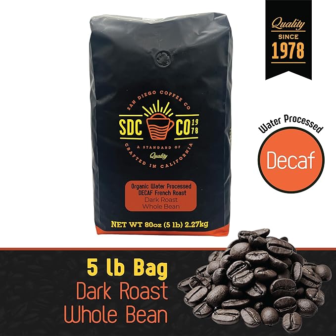 San Diego Coffee Organic French Roast DECAF, Dark Roast, Whole Bean Coffee, 5-Pound Bag Café en grano tostado descafeinado