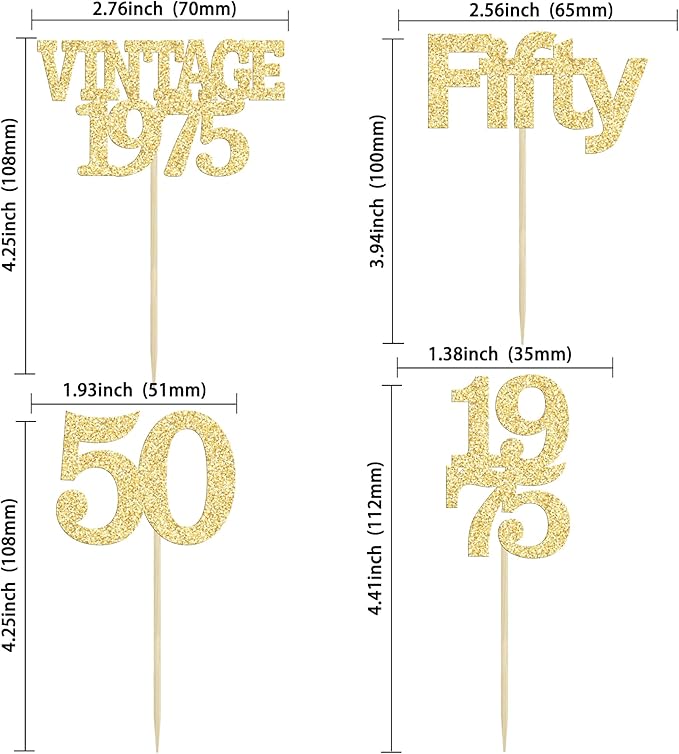 Gyufise 24Pcs 50th Birthday Cupcake Toppers Cheers to 50 Fabulous Fifty Vintage 1975 Cupcake Picks 50th Birthday Wedding Anniversary Party Cake Decorations Supplies Gold