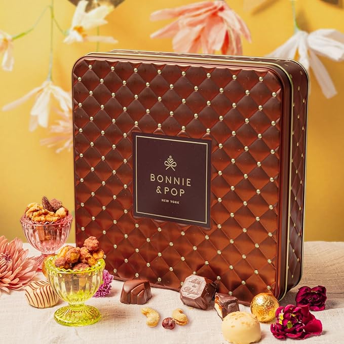 Holiday Chocolate Gift Basket– Thanksgiving Snack Box with Covered Pretzels, Oreos, Nuts & Sweets – Gourmet Food Gift Tin for Christmas, Families, Men, Women, Clients- Bonnie and Pop