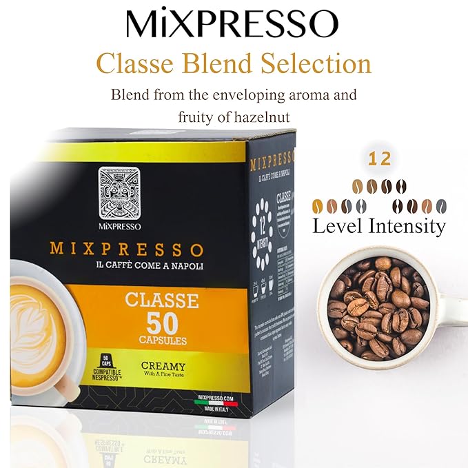 Mixpresso Classe Coffee Espresso Capsules Compatible With Nespresso Original Brewers, Single Cup Coffee Pods 100% from Italy, Medium Roast 80% Arabica Espresso, 50 Count Coffee Capsule Intensity 8/12