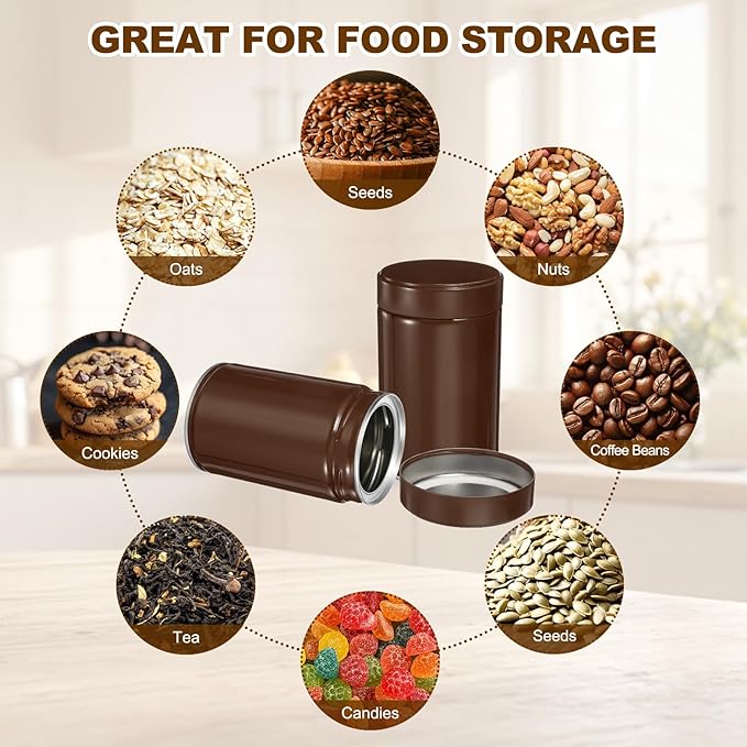 uxcell 2Pcs Round Tea Canisters, 5" x 3" Airtight Metal Tea Containers for Loose Tea, Coffee Beans, Spices - Durable, Compact, and Stylish Storage Tea Tin (Brown)