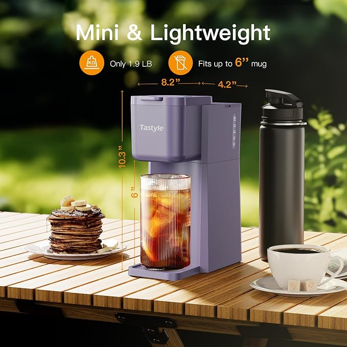 Mini Hot and Iced Coffee Maker Single Serve, for K Cup and Ground, 6 to 14 Oz Brew Sizes, with Recipe Book, for Home, Travel, RV, Office and Dorm, Violet