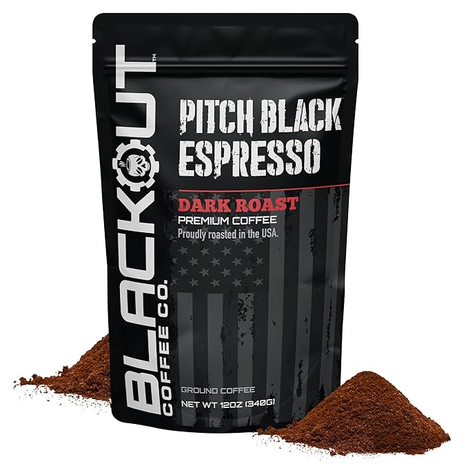 Blackout Coffee Pitch Black Espresso Ground Coffee – Extra Dark Roast, European-Style, Bold & Aromatic – Freshly Roasted 12oz Bag, American Made