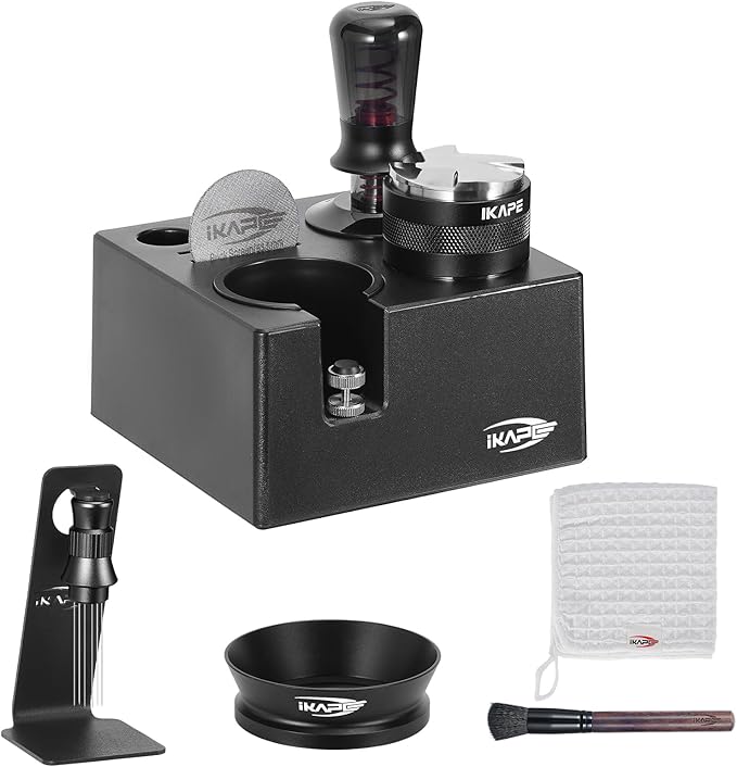 IKAPE 58mm Black Espresso Tool Set 8 IN 1, Coffee Tamper, Distributor, Magnetic Funnel, Puck Screen, Tamper Station, Stirrer Distribution Tool, Cleaning Towel and Brush