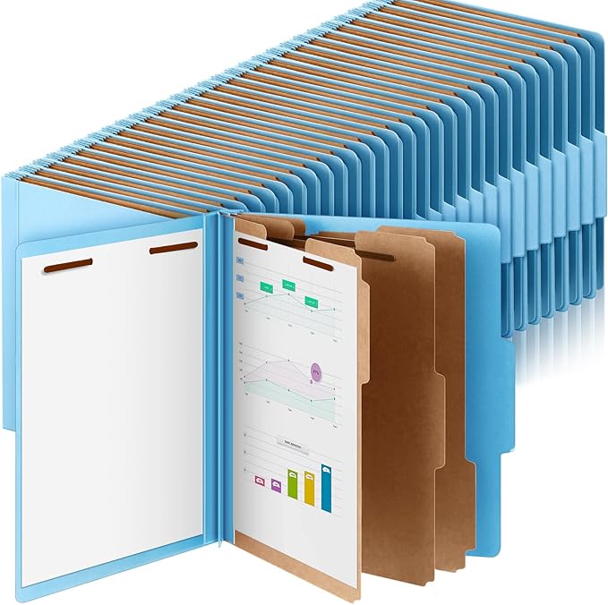 60 Pcs Classification Folders Letter Size, Back to School Supply for Teacher, Student, 3 Dividers Pressboard File Folder Bulk with 2 Fasteners, 3.5 Inch Expanding File Organizer (Blue)