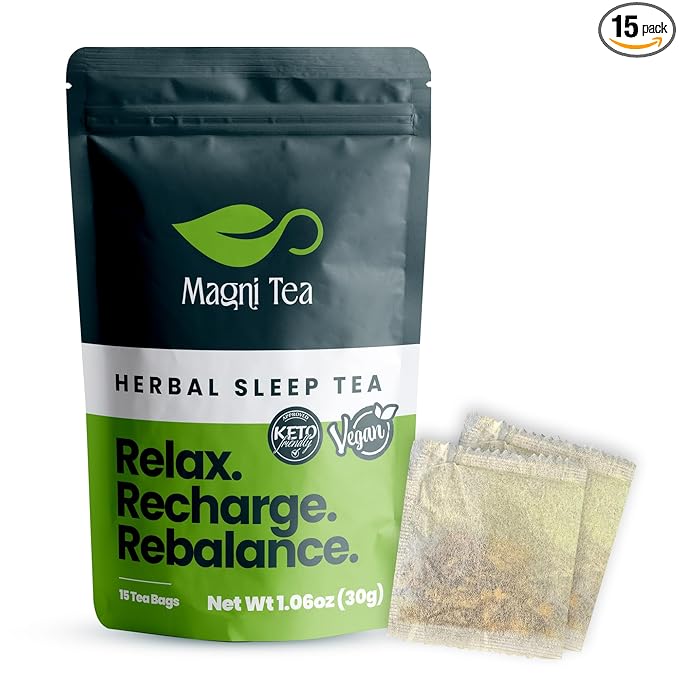 MagniTea Herbal Sleep Aid Magnesium Glycinate Muscle Relaxation Tea Ritual Valerian Root Bedtime Solution Natural Alternative KETO Friendly Vegan Certified Zero Sugar Chamomile Blend Stress Relief Melatonin Free