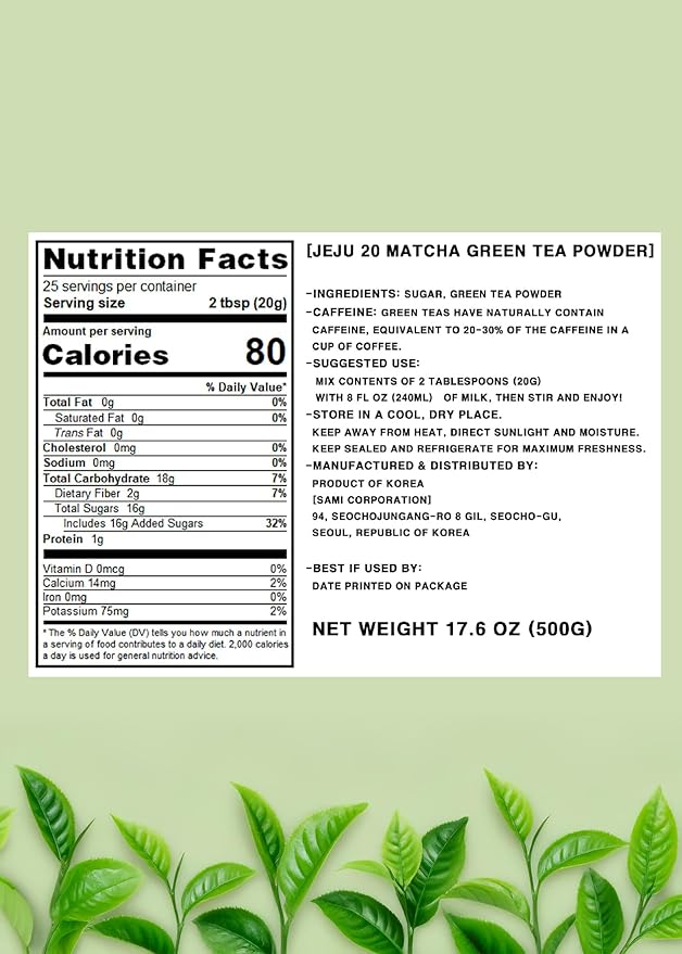 Korean Food Jeju 20 Matcha Powder (1pack, 3.5oz), Jeju Sweet Green tea Latte Mix Powder, Cafe Style Instant Drink, Resealable Bag