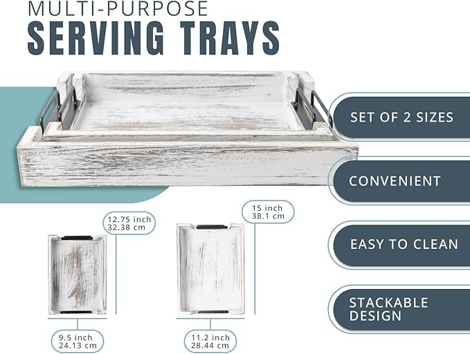 Rustic Wooden Serving Trays with Handle - Set of 2 - Large and Small Nesting Multipurpose Trays - for Breakfast, Coffee Table/Butler & More - Rustic White