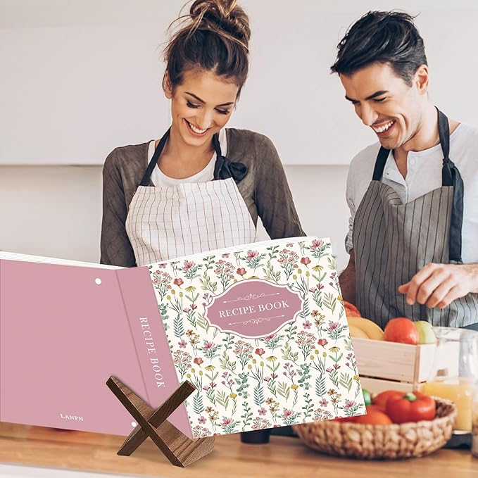 Lanpn Recipe Binder 8.5x11 3 Ring Kit, Blank Organizer Recipe Binder Waterproof Cookbook to Write in Your Own Recipes with 60 Plastic Sleeves,116 Recipes, Dividers,Labels & Stickers, Pink