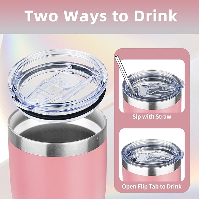 MEZMUT 20oz Coffee Tumbler with Lid and Straw Double Wall Vacuum Insulated Cup Stainless Steel Travel Mugs Insulated for Hot and Cold Leakproof Powder Coated Tumbler for Indoor and Outdoor(Pink White)