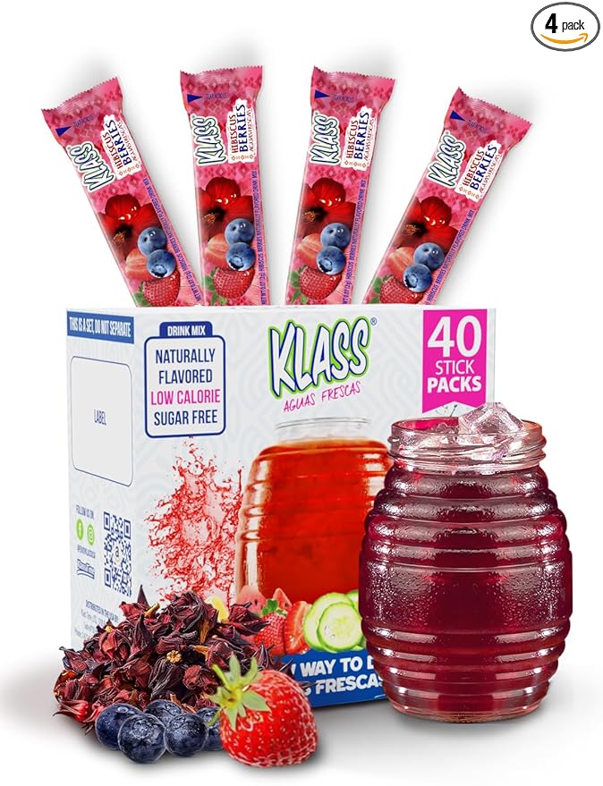 Klass Aguas Frescas | Drink Mix Hibiscus Berries | Sugar Free! (40 Count Powder Stick Packs)