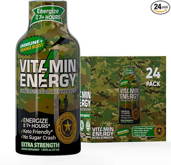 Vitamin Energy Immune+ Extra Strength Energy Shot Army Orange 24 Pack, 260mg Natural Caffeine, B-Vitamins, Citicoline, Green Tea, Immunity & Focus Support, Zero Sugar, Gluten-Free 1.93 fl oz