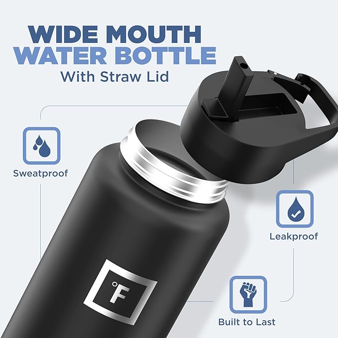 IRON °FLASK Camping & Hiking Hydration Flask with 3 Lids - Stainless Steel, Double Walled & Vacuum Insulated Water Bottle - Leak Proof & BPA Free (Winter White, Straw - 40 oz)