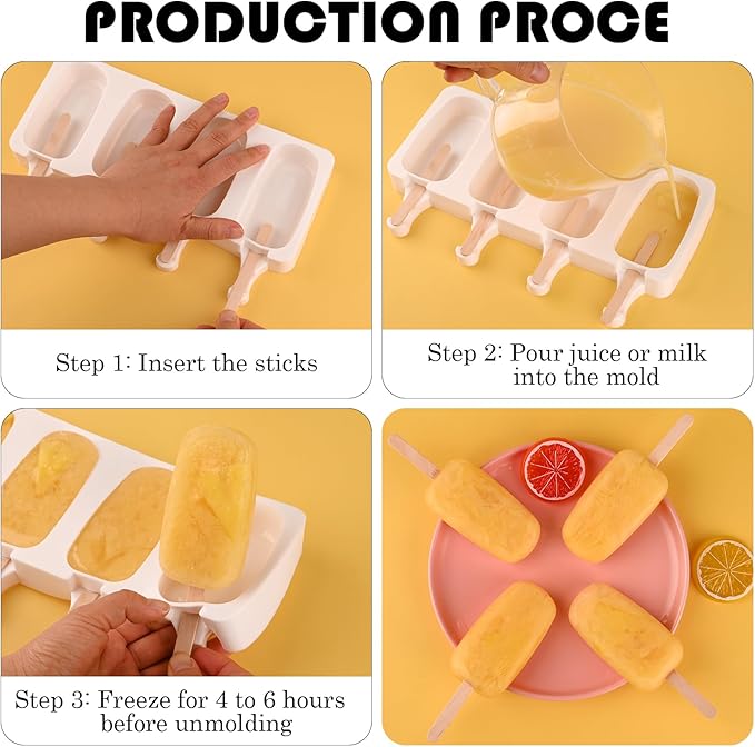 Sakolla Silicone Popsicle Molds Set of 3, Large Oval 4 Cavities Homemade Ice Pop Molds with 150 Wooden Sticks for Ice Cream, Cakesicles, Cake Pop (White)