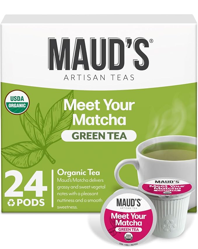 Maud's Organic Matcha Green Tea Pods, 24 ct, Recyclable Single Serve Tea Pods – 100% Gourmet Blended Tea Leaves, Compatible with Keurig K Cups Maker
