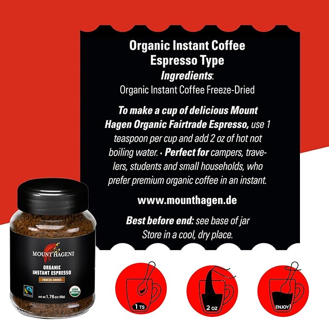Mount Hagen Instant Espresso Coffee 3 Pack, Eco-friendly Organic Espresso Coffee Made From Medium Roast Arabica Beans, Freeze Dried Instant Coffee, Fair-Trade, Kosher [3x1.76oz/50g Jar]