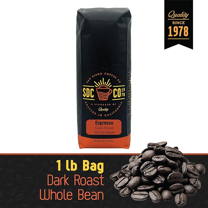 San Diego Coffee Espresso, Dark Roast, Whole Bean Coffee, 16-Ounce Bag Café en grano tostado