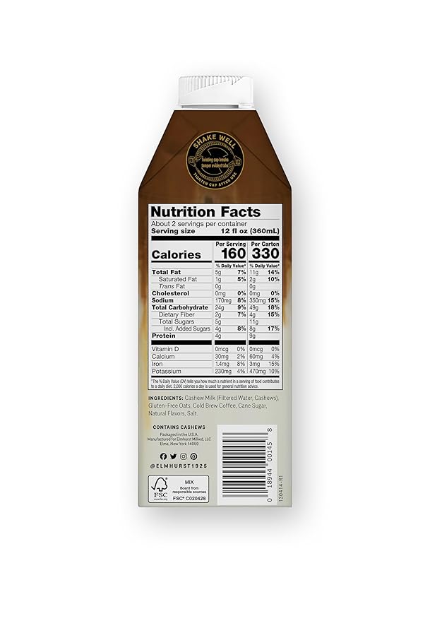 Elmhurst 1925 Caramel Cashew Latte – Plant-Based, Vegan, Dairy-Free Plant Milk Latte Made of Cashew Milk, Cold Brew Premium Arabica with 95mg Caffeine & Sweet Caramel Notes – 25.4oz (Pack of 6)