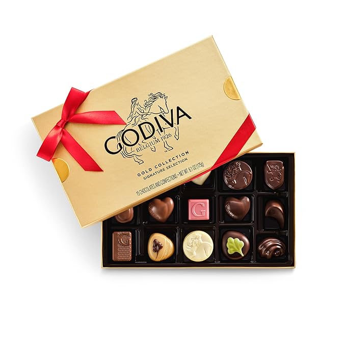 Godiva Red Bow Gold Assorted Chocolate Gift Box, Belgian Dark and Milk Chocolates with Pralinés, Ganaches & Caramels, Gourmet Holiday Gift, Non-GMO & Kosher, 15 Pc
