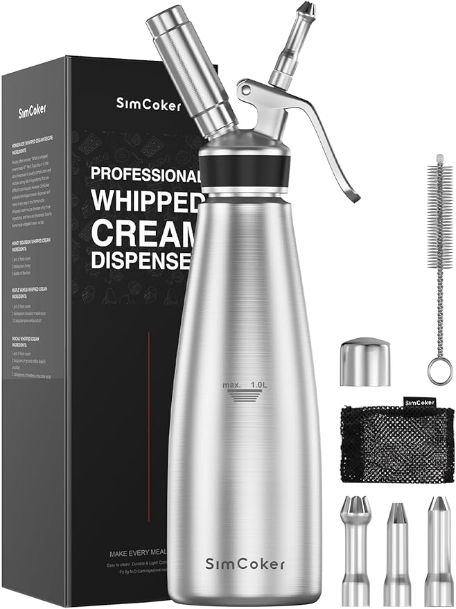 Professional Whipped Cream Dispenser,1L Stainless Steel Cream Whipper with 3 Decorating Nozzles 1Brush 1Storage Bag,Whipped Cream Maker without N2O Charger