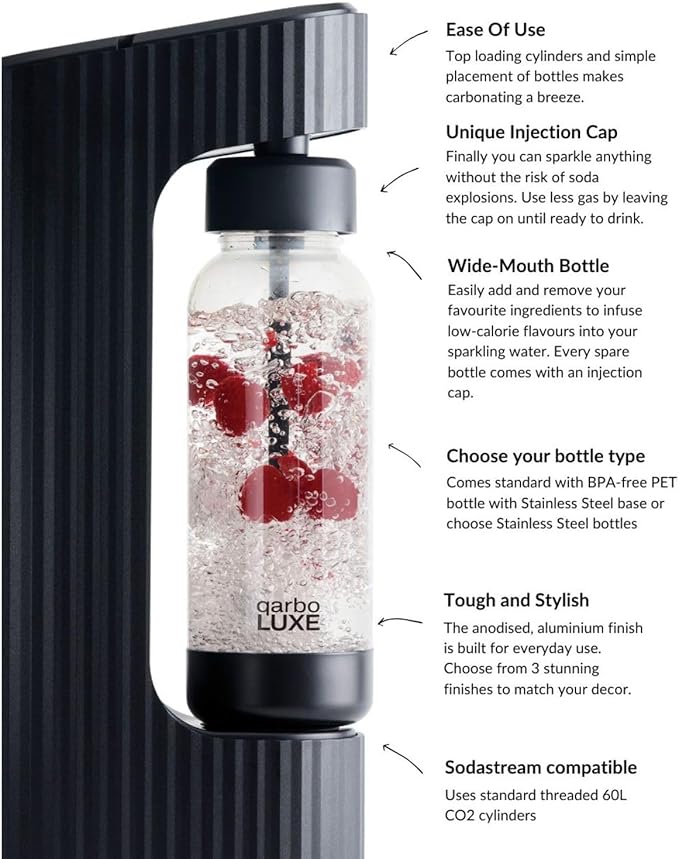 Twenty39 qarbo LUXE Premium Metal Sparkling Water Maker Machine - Soda Beverage Carbonator for Home, Seltzer Water Carbonation Fizz Maker (includes two CO2 cylinders)