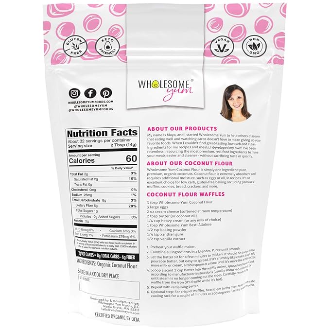 Wholesome Yum Premium Organic Coconut Flour For Baking & More (16 oz / 1 lb) - Low Carb, Gluten Free, Non GMO, Keto Friendly Flour Substitute