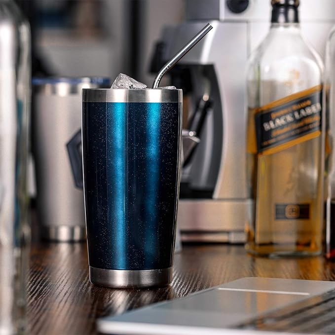 COMOOO 20oz Double Wall Vacuum Insulated Travel Mug, Stainless Steel Tumbler with Lid and Straw Durable Powder Coated Insulated Coffee Cup for Cold & Hot Drinks (Peacock blue, 6 Pack)