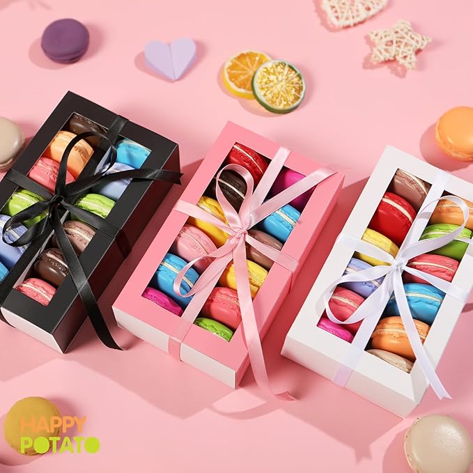 HAPPY POTATO 15 Pack Macaron Boxes for 12, 7.2×4×1.9 Inches, Macarons Packaging Boxes, Pink Macaron Gift Box with Window