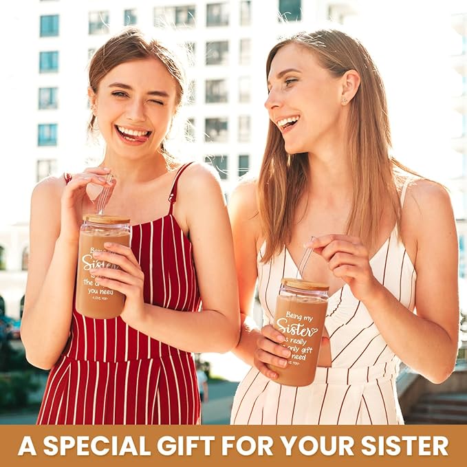 SANDJEST Sister Gift, Funny Sister Coffee Cup, 16 Oz Bamboo Lid & Straw - Gifts for Women, Birthday, Christmas