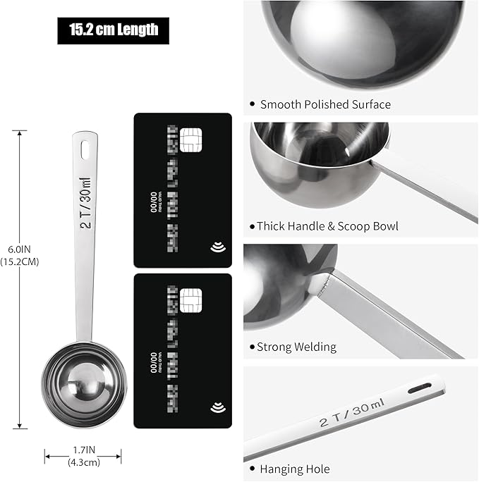 18/8 Stainless Steel Coffee Scoop, Doosu Food-Grade Metal Measuring Spoon with 4.3in Long Handle, Tablespoon Scooper for Coffee Beans, Ground Coffee, Espresso, Protein Powders, Tea, Sugar (2 Tbsp)