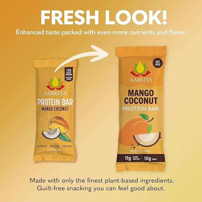 Amrita Nut Free Mango Coconut Vegan Protein Bars (12 Count) | 11g Plant-Based Protein Bar | Peanut Free, Gluten Free, and Dairy Free | Low Sugar, High Fiber, Healthy School-Safe Snacks