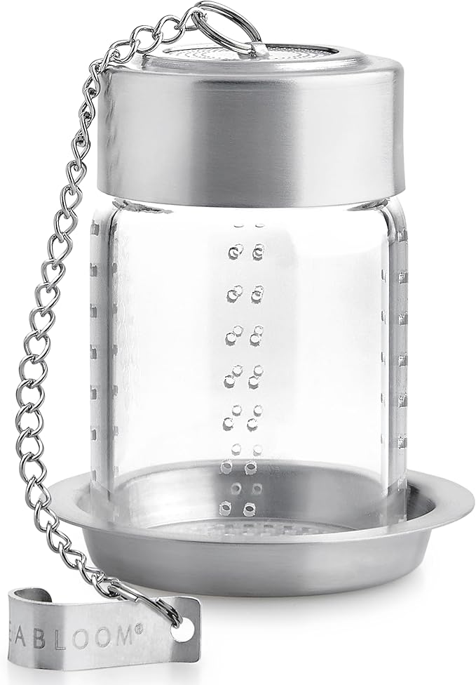 Teabloom Puresteep Glass Tea Infuser with Lid & Drip Tray – Borosilicate Glass Loose Leaf Steeper with Stainless Steel Chain – Non-Toxic – Small or Large Size
