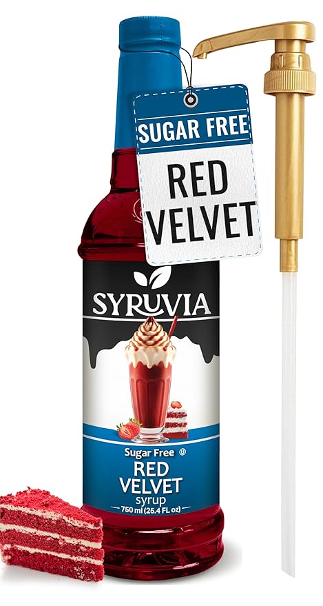 Syruvia Sugar Free Coffee Syrup, Red Velvet Flavored Syrup for Drinks, Lattes, and Desserts – 25.4 fl oz, With Pump
