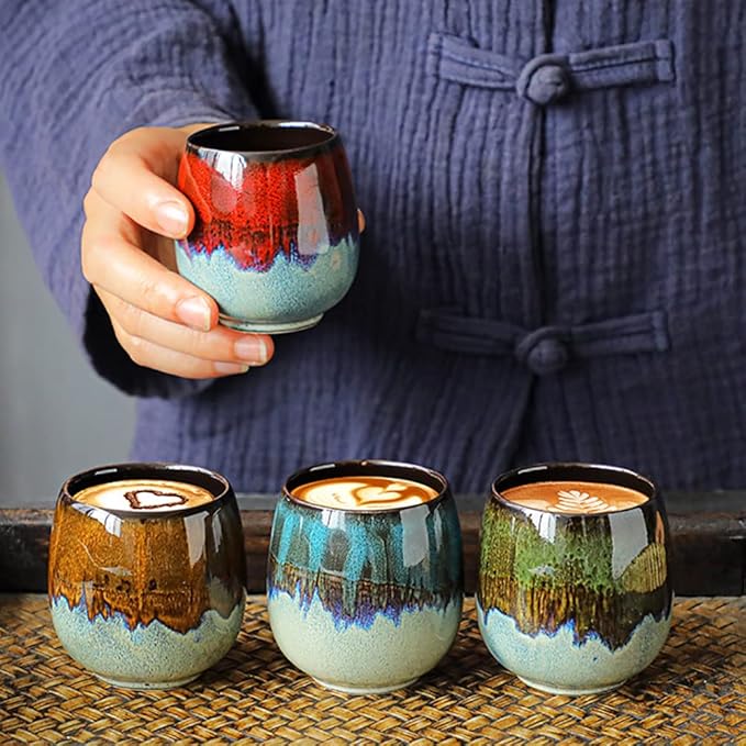 Ceramic Kiln-Change Espresso Cups Small Espresso Coffee Cups Set of 2 Spirits Cups Tasting Cups Ceramic Mate Cup 3Oz (Red)